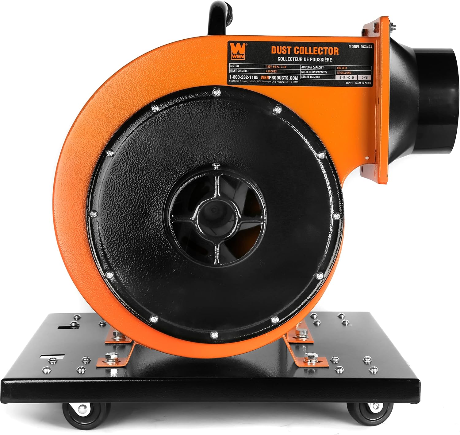 WEN Woodworking Dust Collector, 7.4-Amp Induction Motor with 15-Gallon Bag, Mobile Base, and Optional Wall Mount (DC3474)