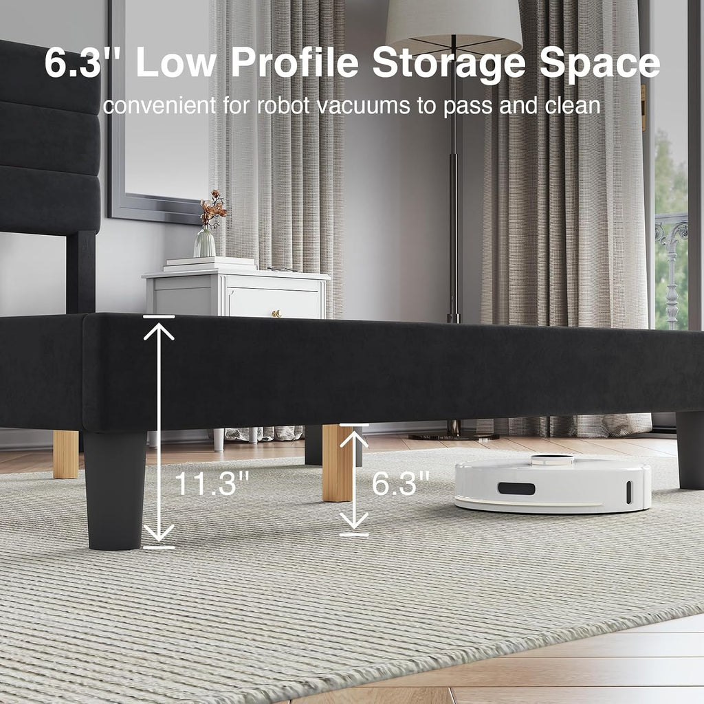 Novilla Queen Bed Frame, Queen Size Bed Frame with Wooden Slats Support, Velvet Upholstered Stripe Headboard, No Box Spring Needed, Heavy Duty Feet, Easy Assembly, Black Velvet
