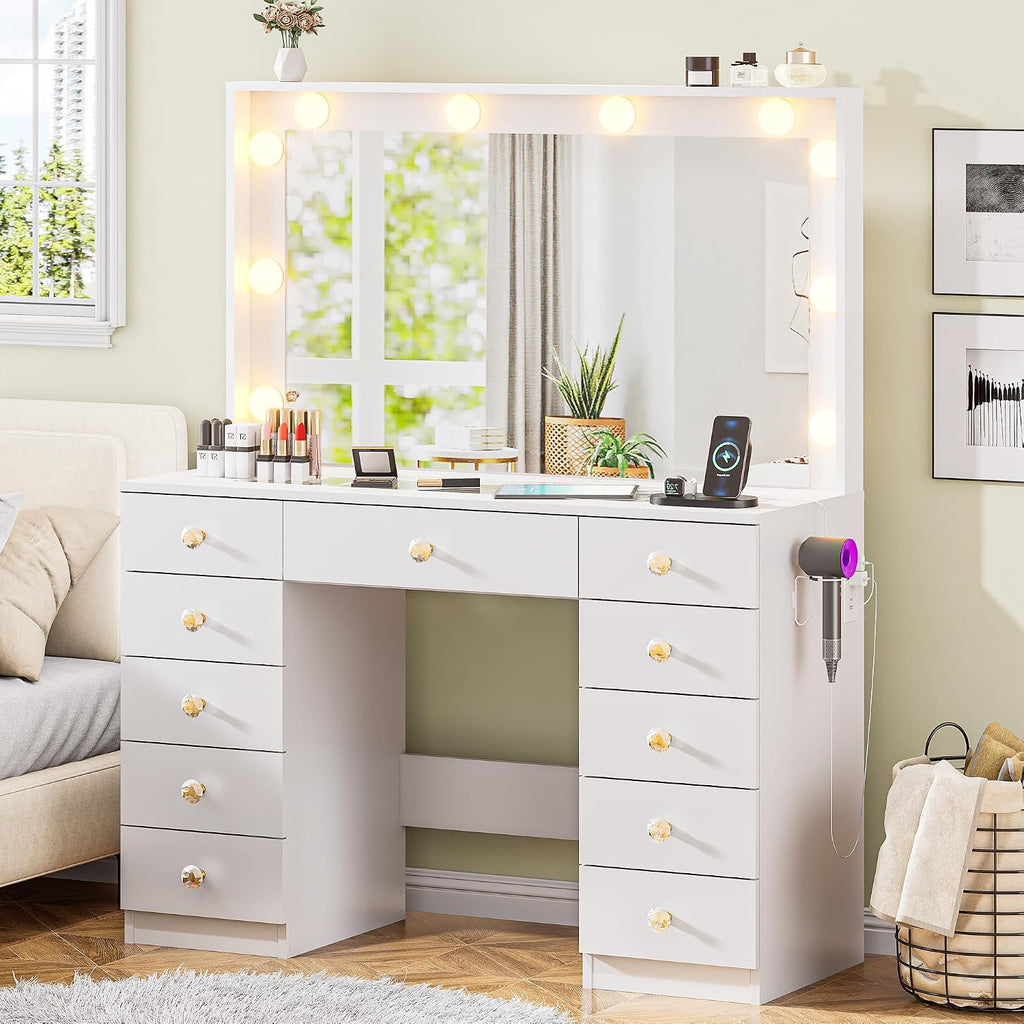 DINGIPP Vanity with Large Mirror and 10 LED Lights, Vanity Desk with Glasstop, 11 Drawers with Crystal Handles, Dressing Table with Power Outlet as Gift for Women, Girls (White)