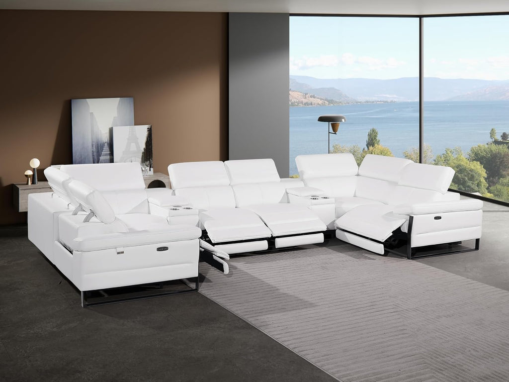 BlackJack Furniture Antonio 8 Piece U Shaped Power Reclining Sectional Sofa, Modular Couch with Top Grain Italian Leather, 4 Electric Recliners, USB & Wireless Chargers, Storage Console, White