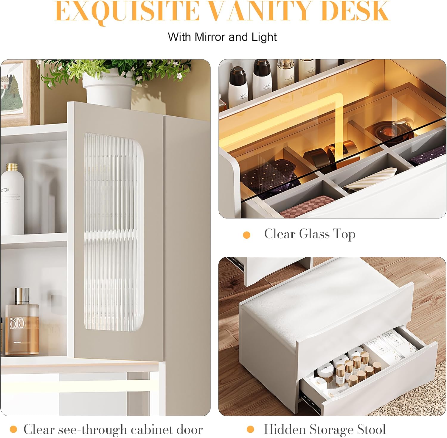 3 in 1 Vanity Desk Makeup Vanity Table with Mirror & Storage Stool, Makeup Dressing Table with Adjustable Lights, Side Sliding Tray and Stool, White