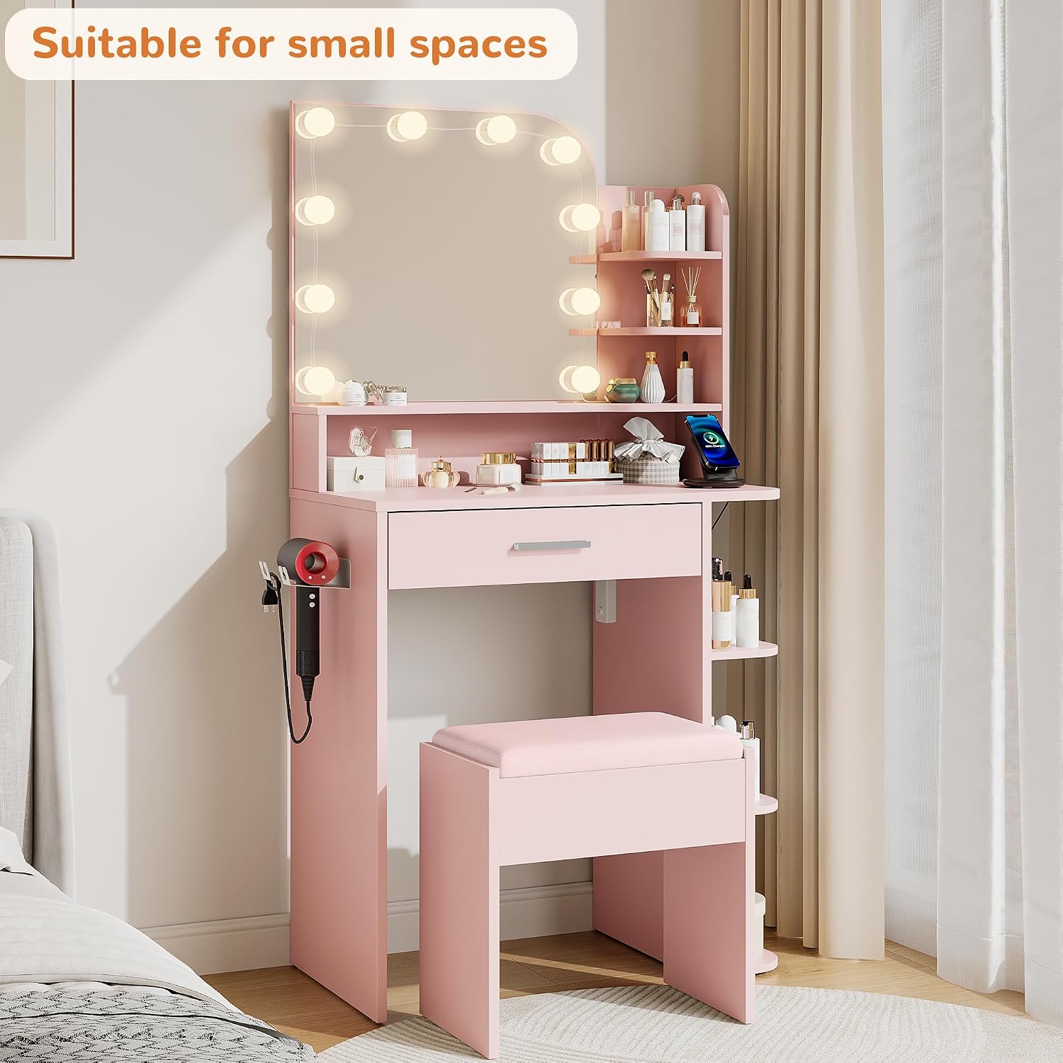 wanan Makeup Vanity with Chair, Small Vanity Desk with Mirror and Lights 3 Colors, Girls Vanity Set with Power Outlet, Compact Vanity Table for Small Space, Pink