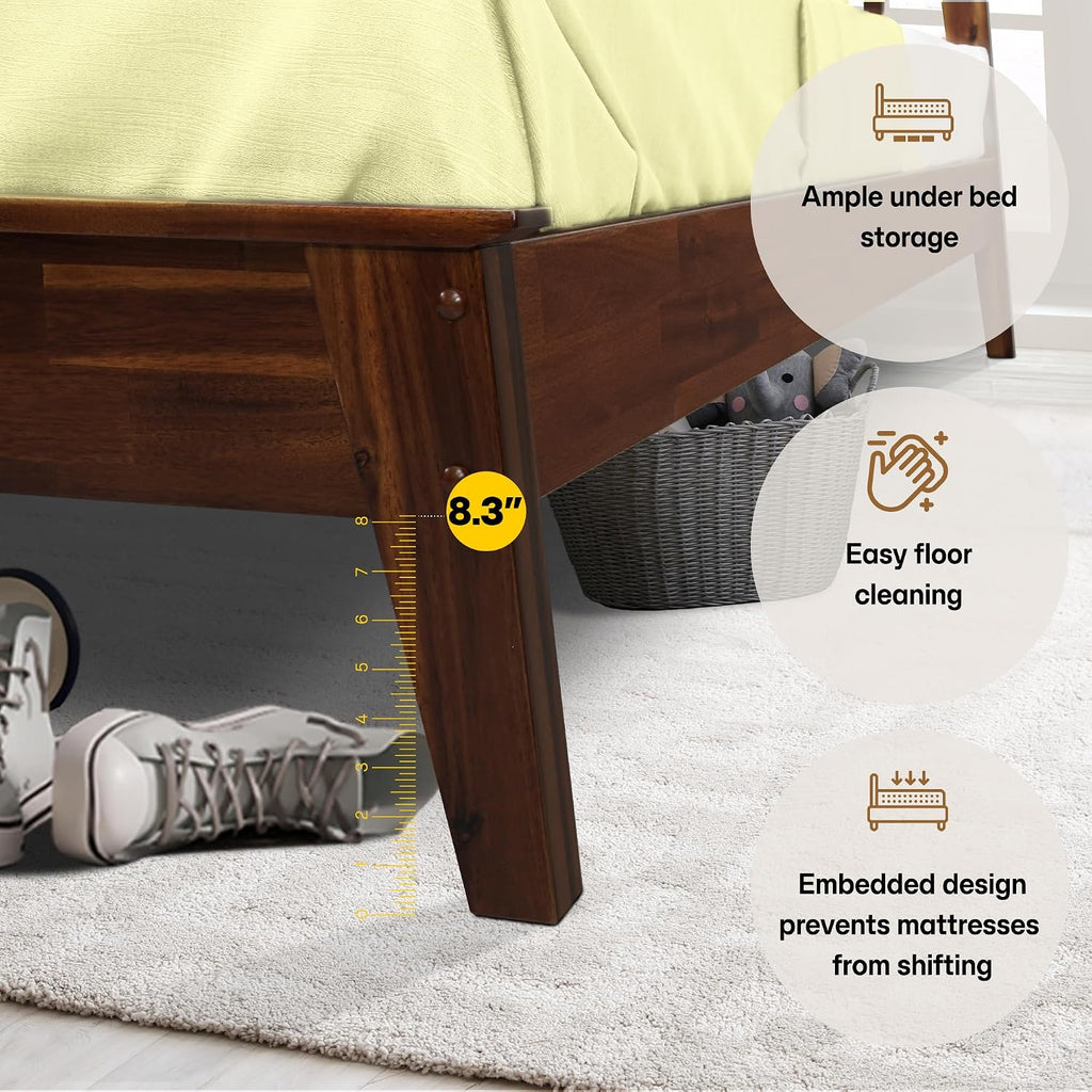 Acacia Kaylin Bed Frame with Headboard Solid Wood Platform Bed, King Bed Frame, Themed Headboard Wood Bed Compatible with All Mattress Types, No Box Spring Needed, Quick & Easy Assembly, Chocolate.