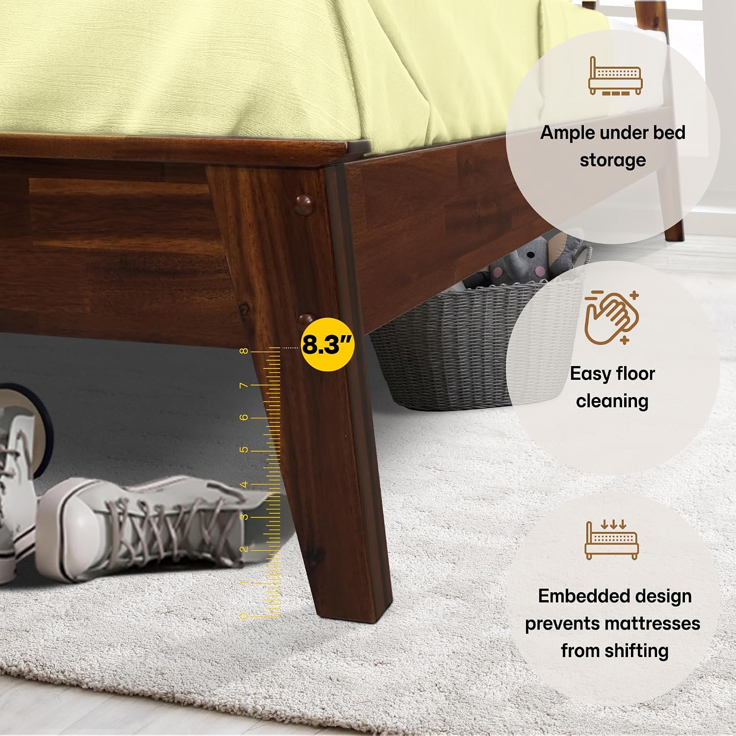 Acacia Kaylin Bed Frame with Headboard Solid Wood Platform Bed, King Bed Frame, Themed Headboard Wood Bed Compatible with All Mattress Types, No Box Spring Needed, Quick & Easy Assembly, Chocolate.