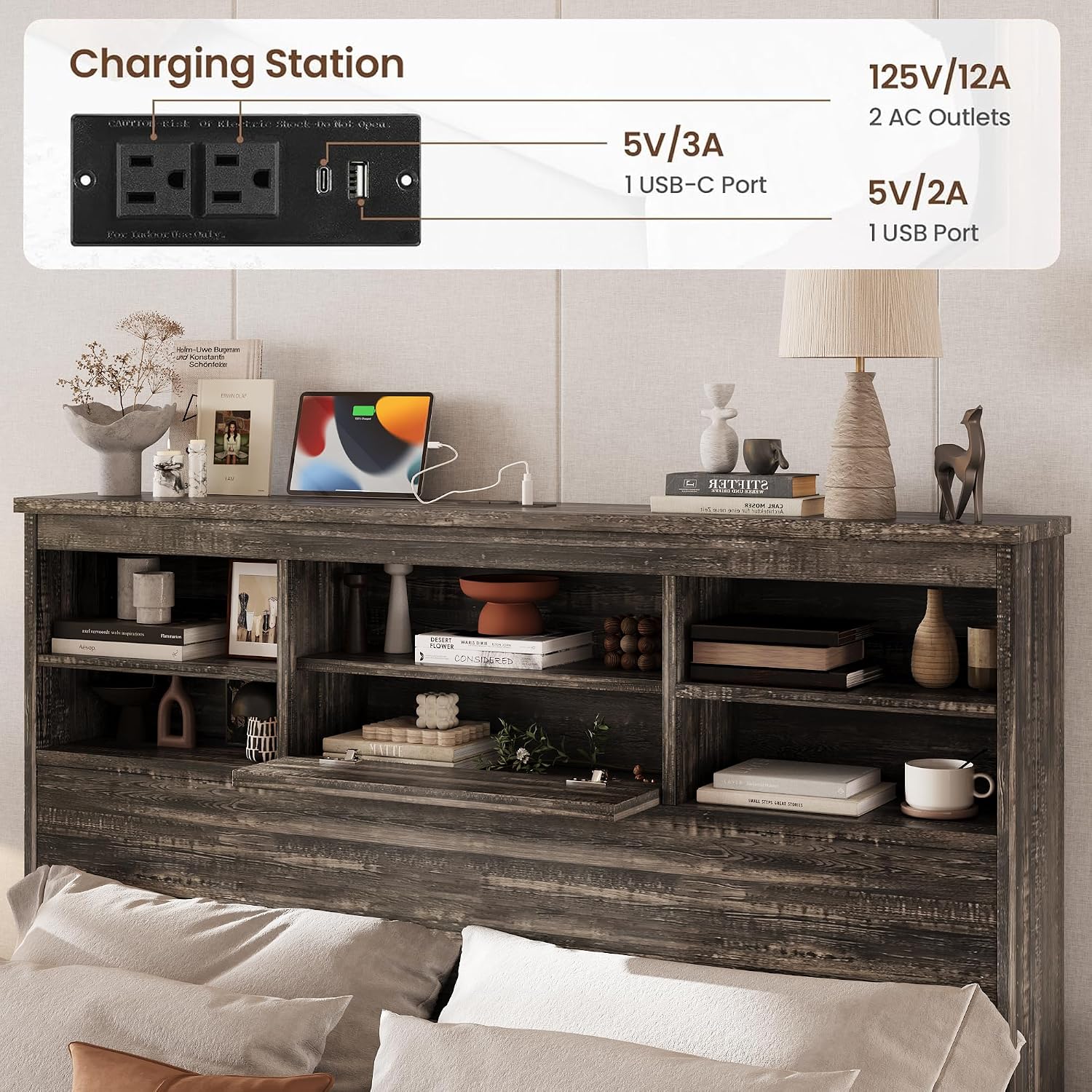 4 Pieces Bedroom Sets, Queen Size Vintage Wooden Platform Bed Frame with 2 Nightstands and 1 Chest, Antique Gray