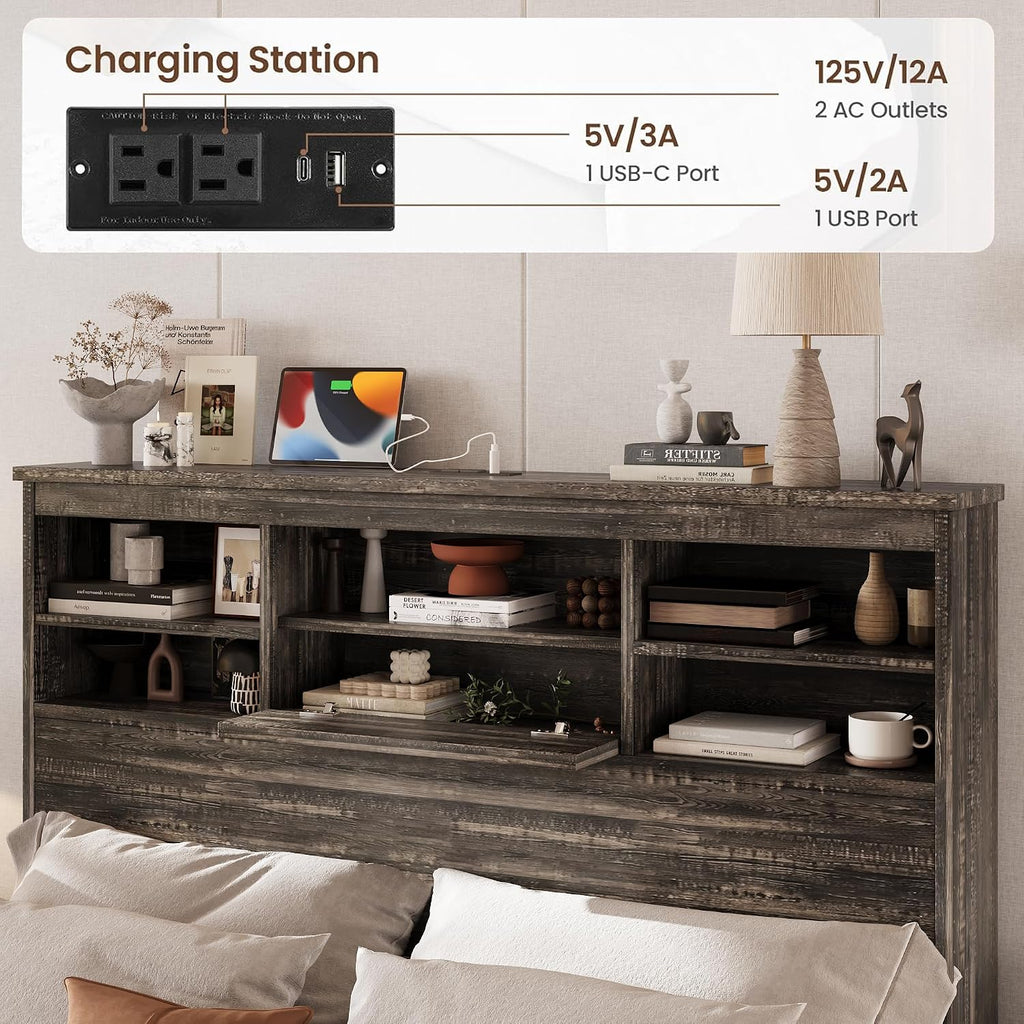 4 Piece Bedroom Furniture Set Farmhouse - Gray Wood Queen Size Platform Bed Frame with Storage Headboard and Charging Station, Rustic Queen Bedroom Set with 1 Dresser and 2 Nightstand Sets