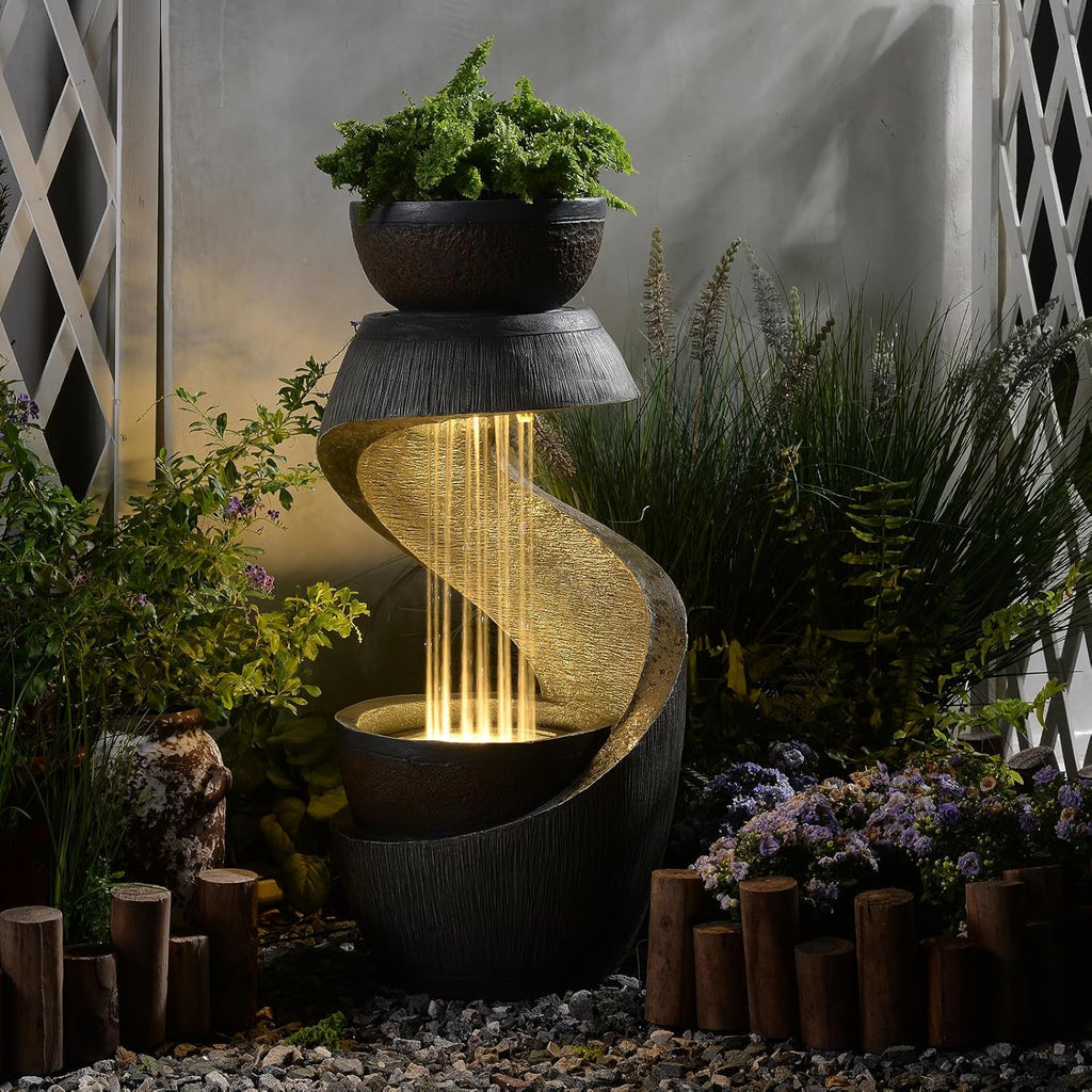 Sunlinua 31.9' S-Shaped Water Outdoor Fountain–Modern Cascading Waterfall Feature with LED Lights & Planter Bowl, Garden Fountains Outdoor for Patio, Balcony, Yard or Home Decor, Resin Waterfall