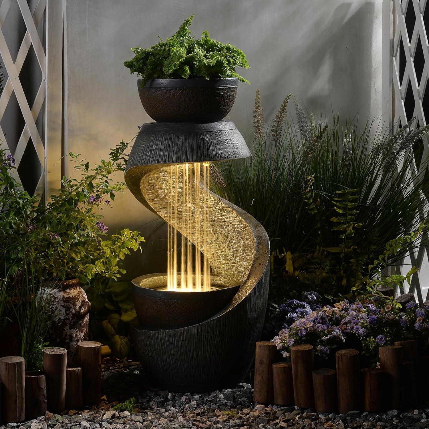 Sunlinua 31.9' S-Shaped Water Outdoor Fountain–Modern Cascading Waterfall Feature with LED Lights & Planter Bowl, Garden Fountains Outdoor for Patio, Balcony, Yard or Home Decor, Resin Waterfall