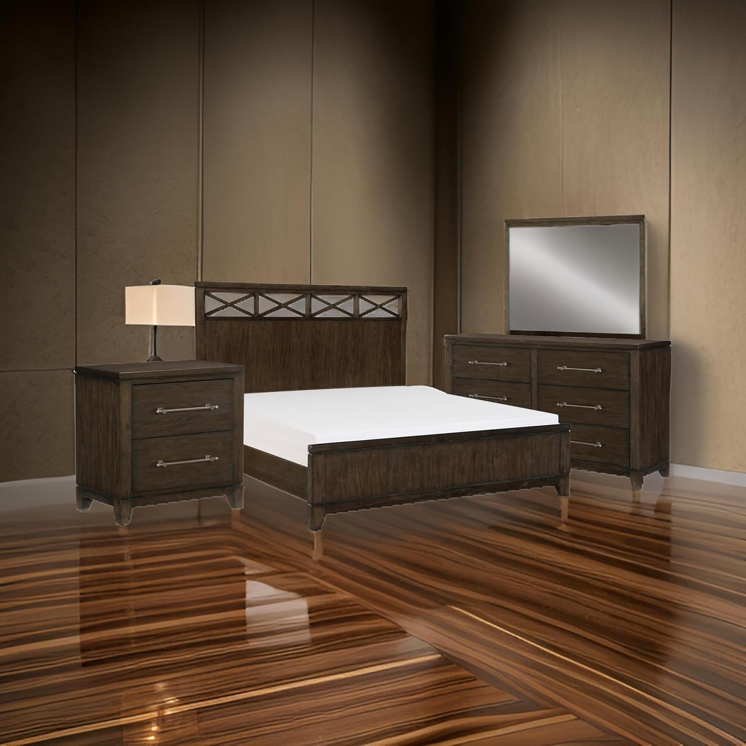 Benzara Gia Four Pc Queen Bedroom Set- Accents on Headboard- Wood- Modern Style
