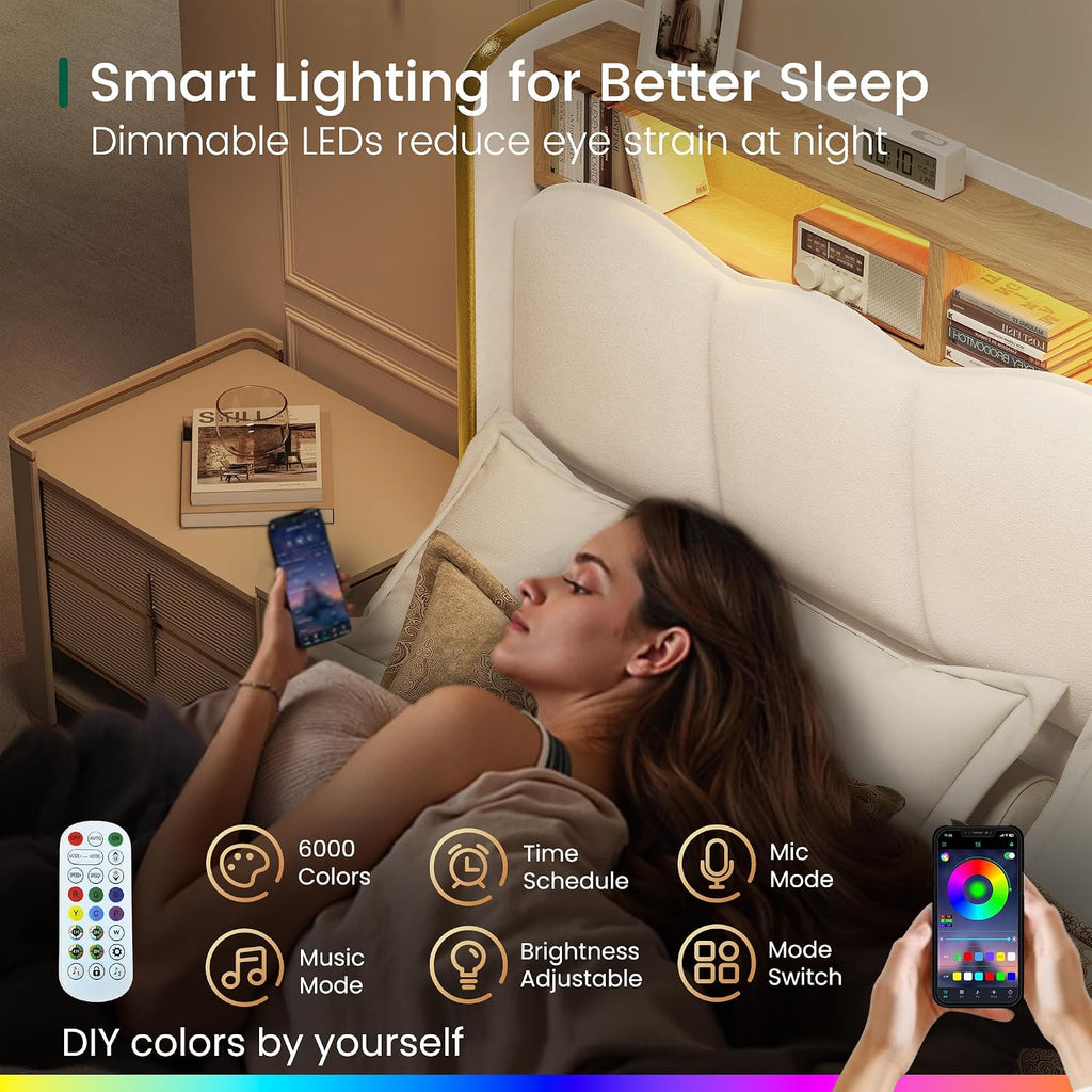 LARMACE King Size Bed Frame with LED Lights and Charging Station Velvet Upholstered Platform Bed Frame with Storage Headboard, No Box Spring Needed, Easy Assembly, White