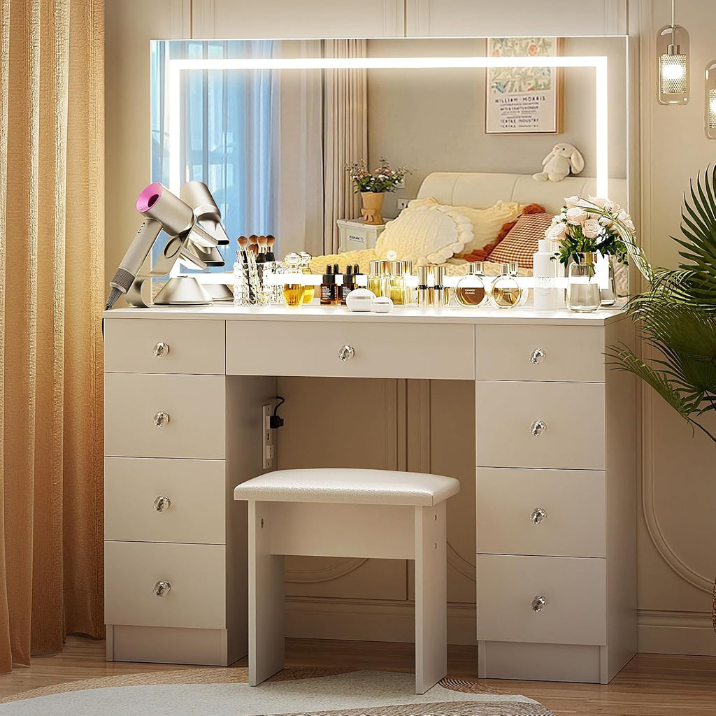 VOWNER Vanity With Lighted Mirror - Makeup Desk With Power Outlet and 9 Drawers, 3 Color Lighting Modes Adjustable Brightness, 43' Table With Soft Cushioned Stool for Bedroom, White