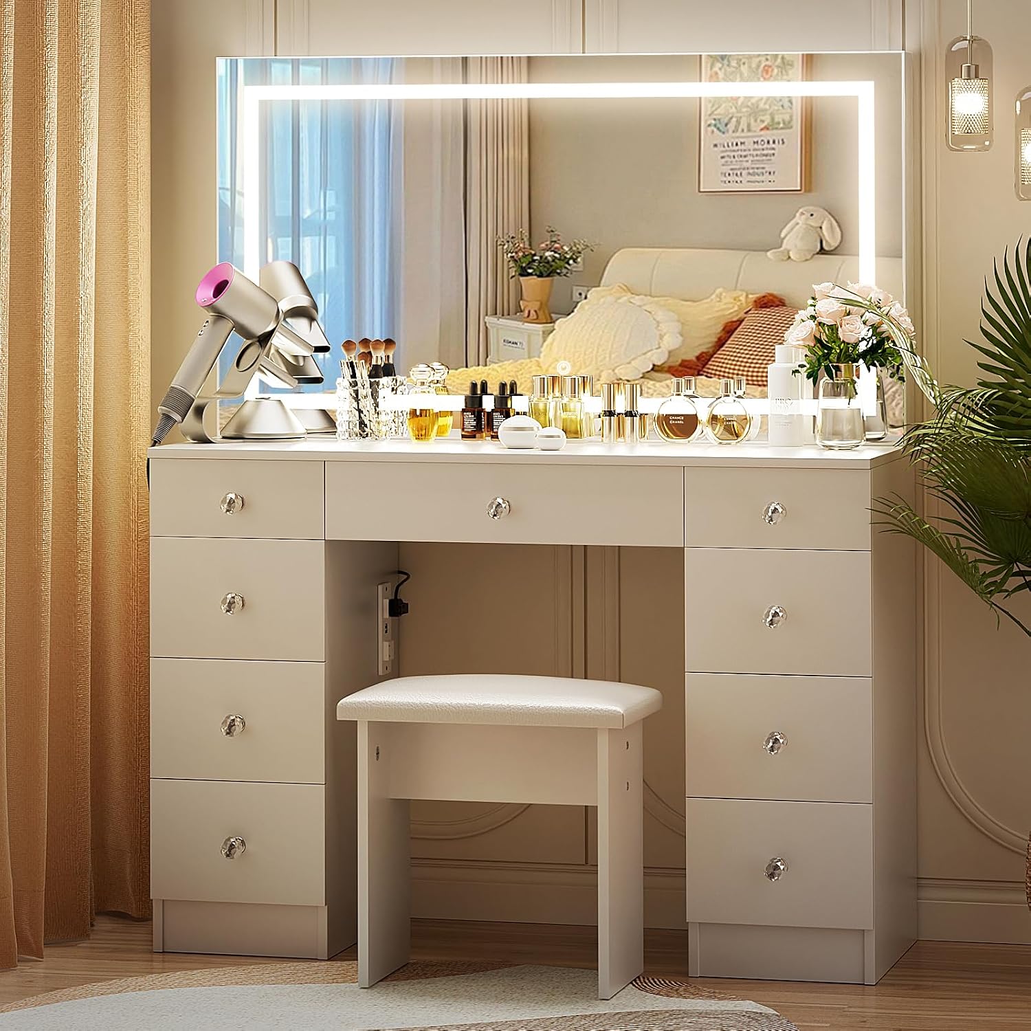 VOWNER Vanity With Lighted Mirror - Makeup Desk With Power Outlet and 9 Drawers, 3 Color Lighting Modes Adjustable Brightness, 43' Table With Soft Cushioned Stool for Bedroom, White
