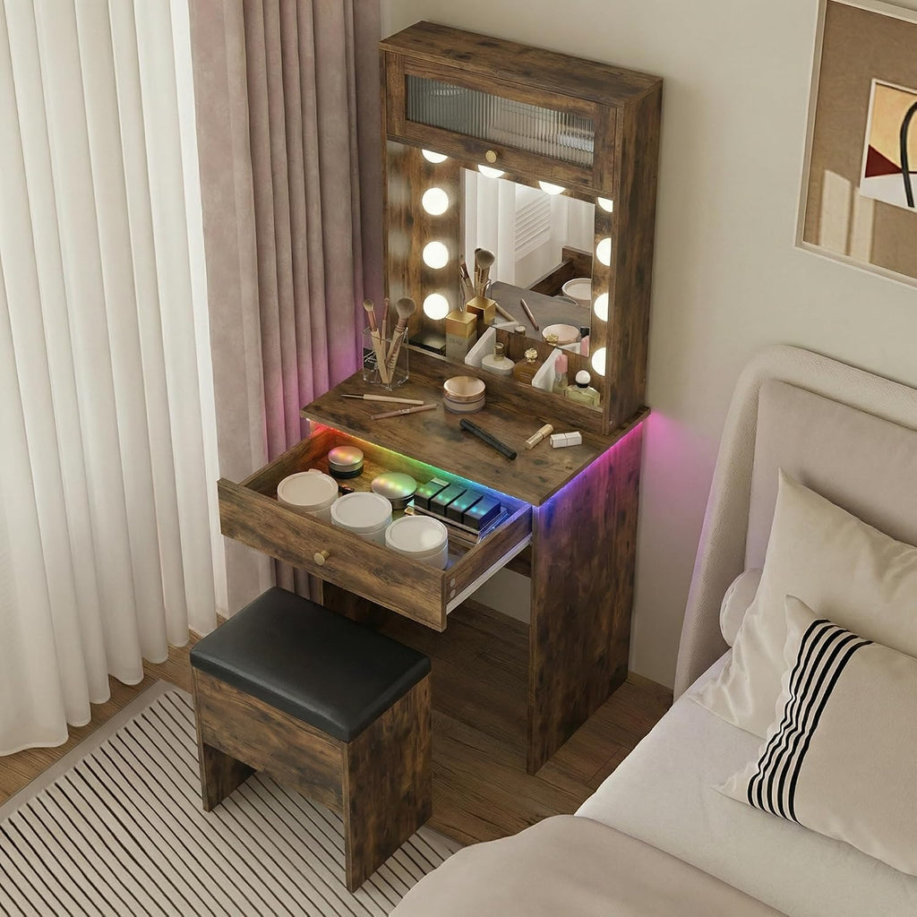 ARTETHYS Small Vanity Desk with Mirror and Lights Rustic Small Makeup Vanity with Storage Chair Mini Makeup Table Set for Bedroom Compact Dressing Table with RGB Lights for Tiny Space