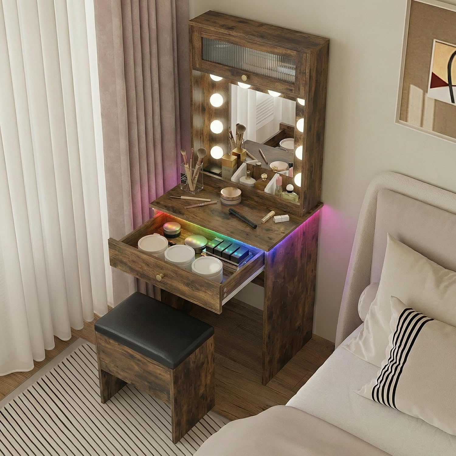ARTETHYS Small Vanity Desk with Mirror and Lights Rustic Small Makeup Vanity with Storage Chair Mini Makeup Table Set for Bedroom Compact Dressing Table with RGB Lights for Tiny Space