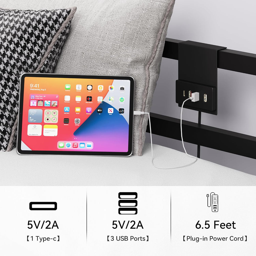 YITAHOME Canopy Bed Frame, Queen Size Metal Bed Frame with USB Charging Station, Four Poster Platform Bed with Metal Slats Support, 12.4 inch Storage Beneath Bed, No Box Spring Needed, Black