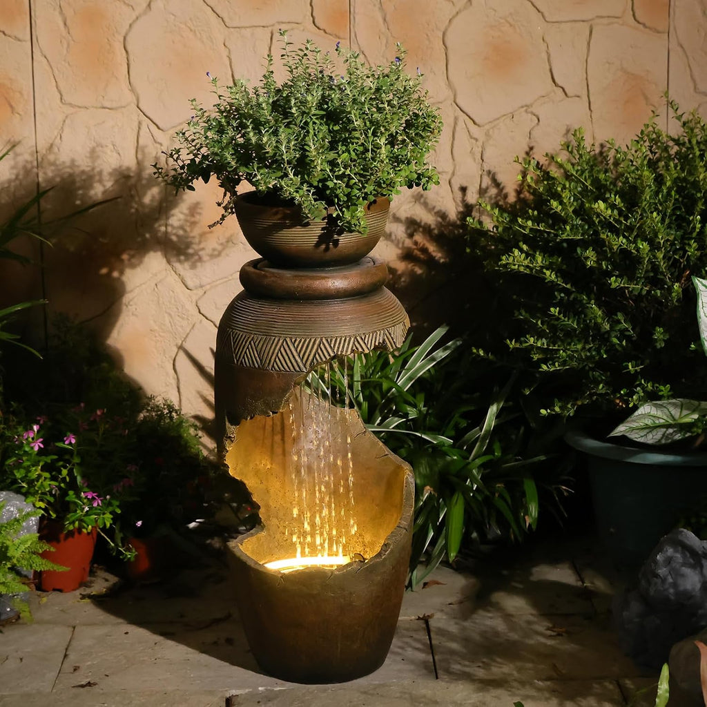 Sunlinua Outdoor Water Fountain with LED Light, Modern Spiral Tiered Outdoor Fountain with Stone Planter Curved Freestanding Waterfall Fountains for Garden Patio Deck Porch