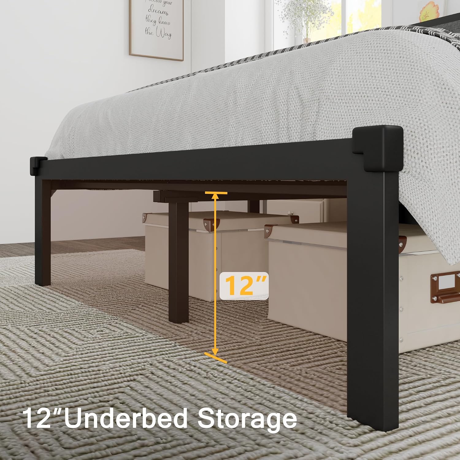 Einhomn Full Size Metal Bed Frame, Platform Bed with Faux Leather Button Tufted Headboard, 12' Underbed Storage, Steel Slats Support, No Box Spring Needed, Easy Assembly, Noise-Free, Black