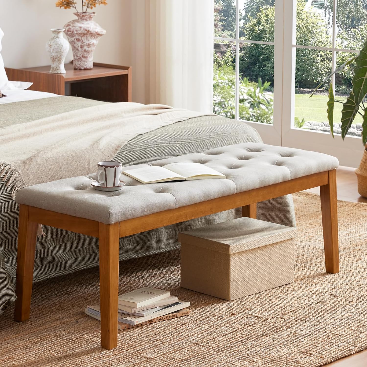 Ottoman Bench Upholstered Padded Seat with Solid Wood Legs and Button-Tufted, Big Oversized Ottoman, Linen Taupe