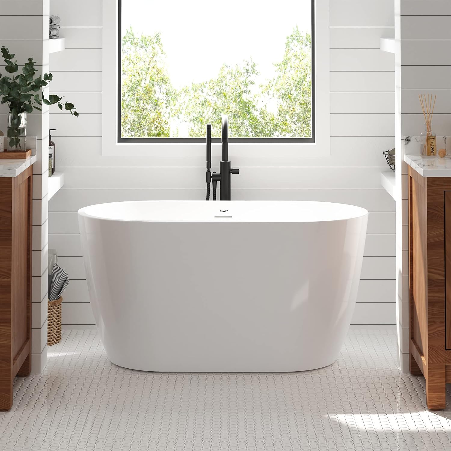 FerdY 47' Bali Acrylic Freestanding Bathtub, Gracefully Shaped Freestanding Soaking Bathtub, cUPC Certified, Toe-Tap Brushed Nickel Drain and Minimalist Linear Design Overflow Included