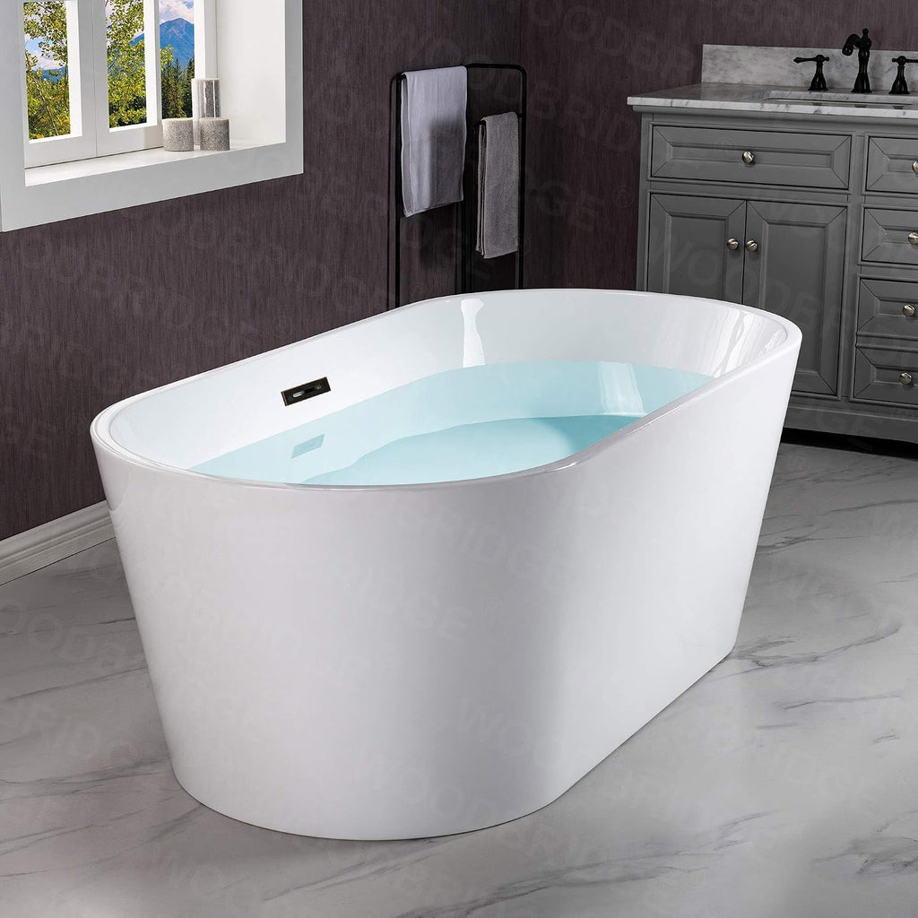 WOODBRIDGE 59' Acrylic Freestanding Bathtub Contemporary Soaking White Tub with Oil-Rubbed Bronze Overflow and Drain，B0014-ORB