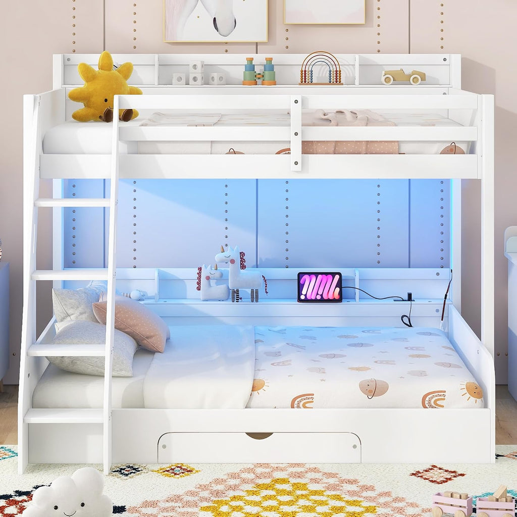 RUNNA Twin Over Full Bunk Bed with Storage Shelves, LED, Charging Station and a Drawer, Solid Wood Bunk Bed for Kids, Teens, Adults (White/LED)