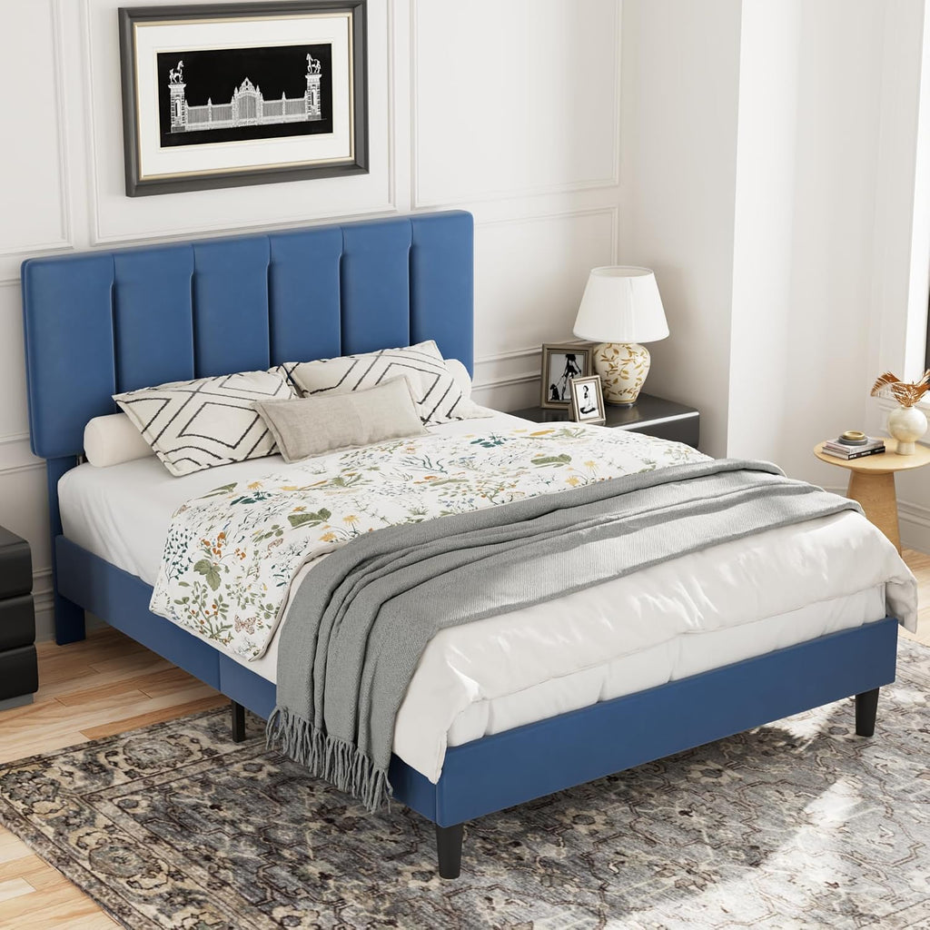 VECELO Queen Bed Frame with Upholstered Headboard, Heavy-Duty Platform Bedframe with Strong Wooden Slats Support, No Boxing Spring Needed, Dark Blue