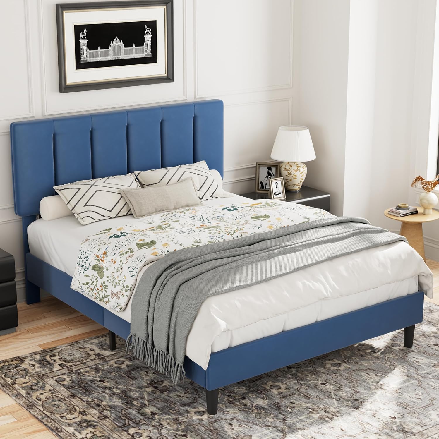 VECELO Queen Bed Frame with Upholstered Headboard, Heavy-Duty Platform Bedframe with Strong Wooden Slats Support, No Boxing Spring Needed, Dark Blue
