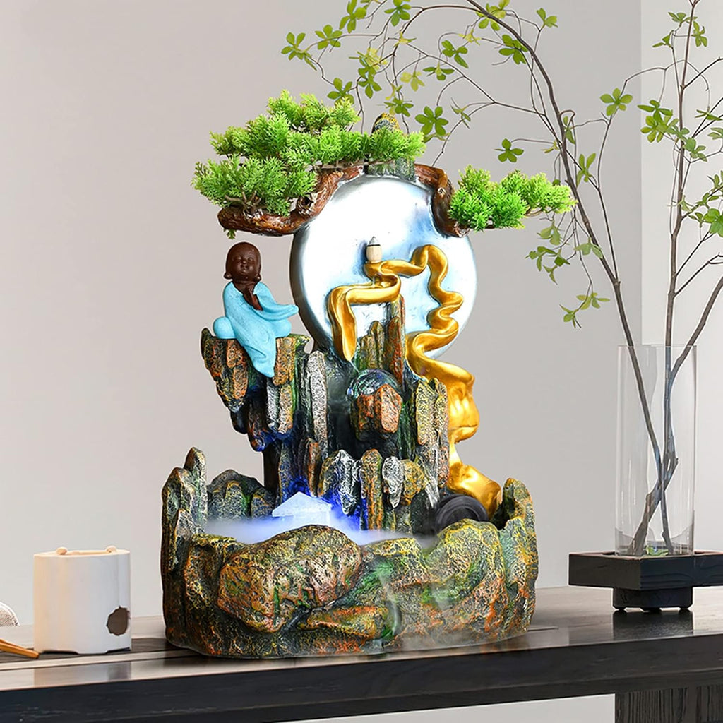 Desktop Fountain Tabletop Water Fountain, Indoor Waterfall with Mist Maker and Resin Artificial Trees, Small Buddha Statues, Moon Sculptures for Home Office Decor
