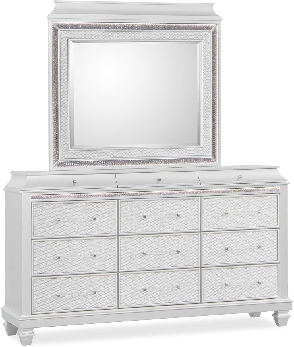 First of a Kind Sabrina Modern Glam 4-Piece Queen Bedroom Set with Led Upholstered Headboard – Luxury Contemporary Bedroom Furniture Collection by Cosmos Furniture, White
