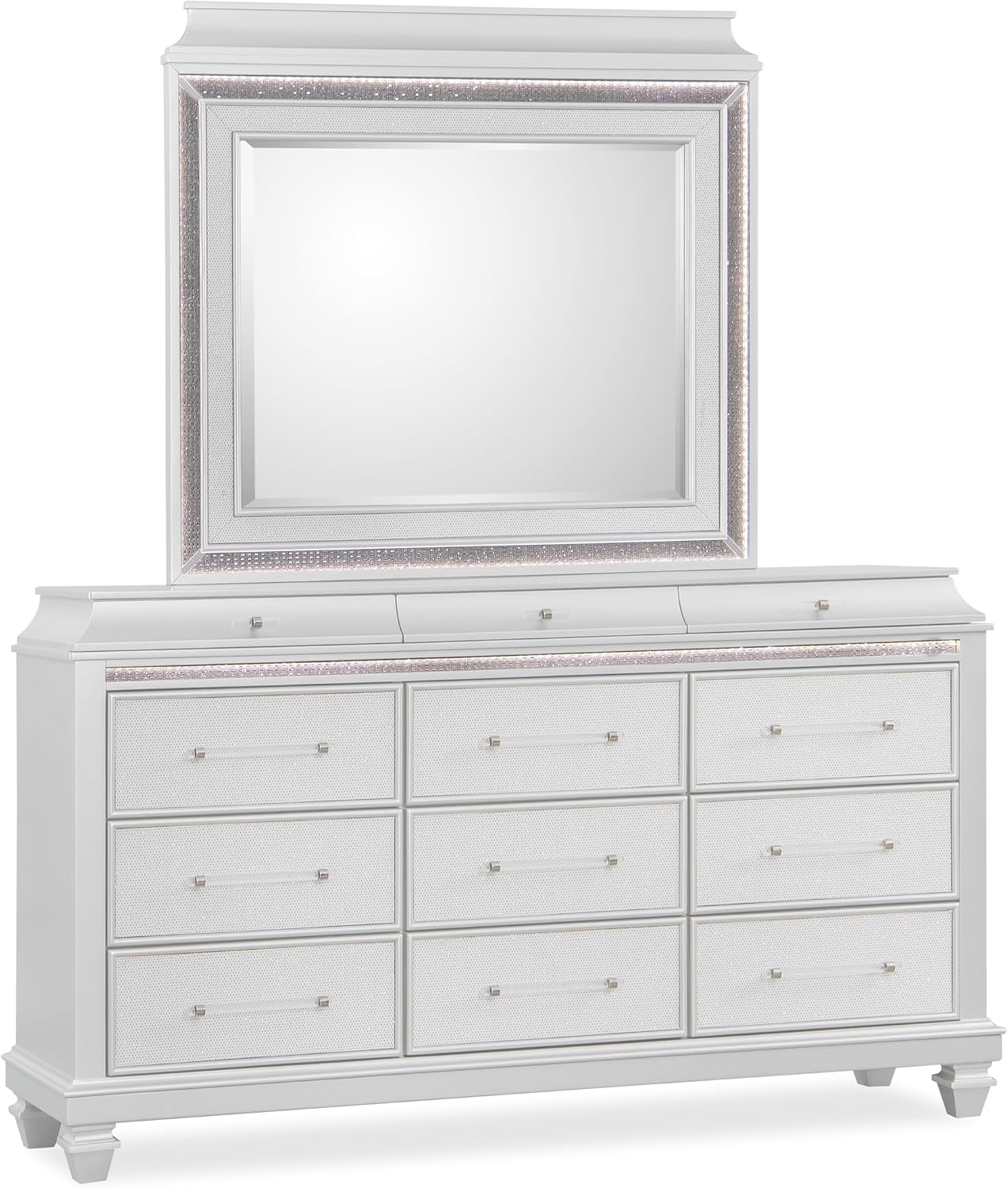 First of a Kind Sabrina Modern Glam 4-Piece Queen Bedroom Set with Led Upholstered Headboard – Luxury Contemporary Bedroom Furniture Collection by Cosmos Furniture, White
