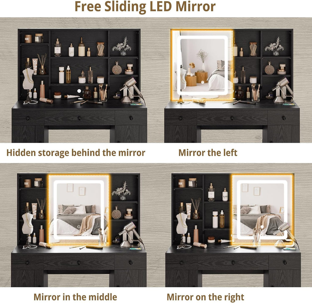 IRONCK Vanity Desk Set with Large LED Lighted Mirror & Power Outlet, 7 Drawers Vanities Dressing Makeup Table with Storage Bench, for Bedroom, Industrial Style Black