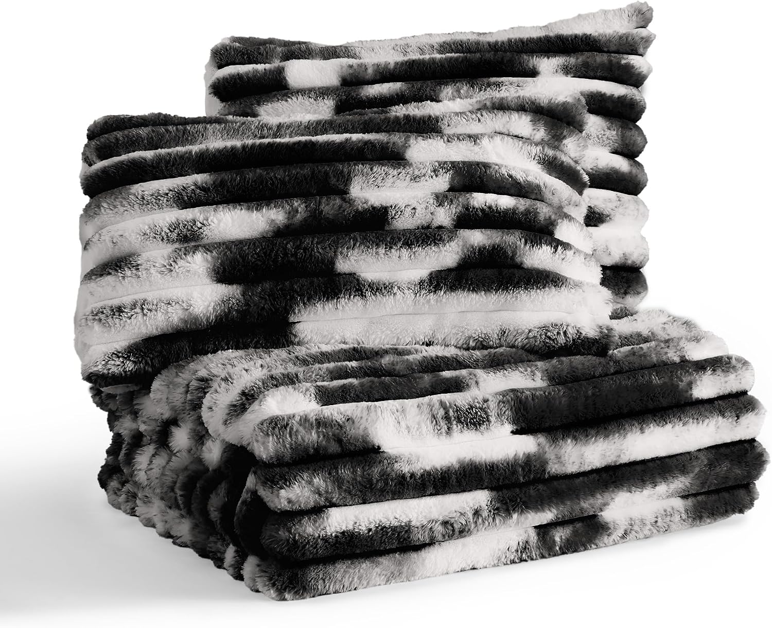 Wonderful Fluffy Faux Rabbit Fur Comforter Set King Size, Striped Stitching Tie-Dye Black Plush Fuzzy Bedding Set 3 Pieces, Warm Soft Comforter Bedding Set for Winter, 104'x90'