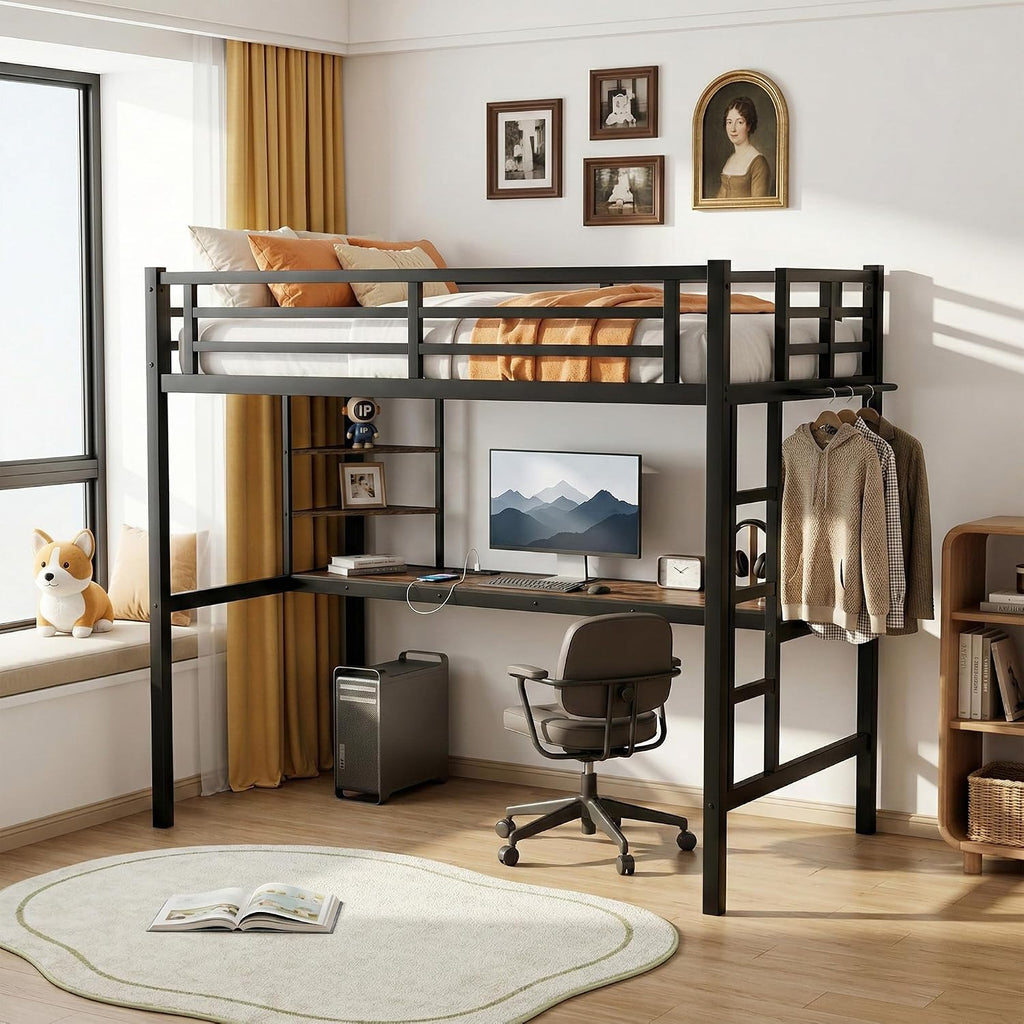 Twin Size Metal Loft Bed with Desk, LED Lights & USB Charging Station, Sturdy Noise-Free High Loft Bed Frame with Safety Guardrails, Space-Saving Loft Bedframe for Kids, Teens, Black