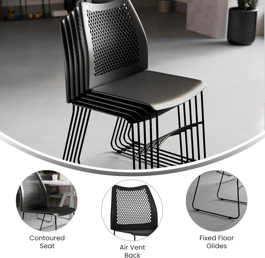 Flash Furniture Hercules Series Contoured Lobby Chairs with Air-Vent Honeycomb Backs, Ergonomic Stacking Chairs for Offices, Set of 5, Black