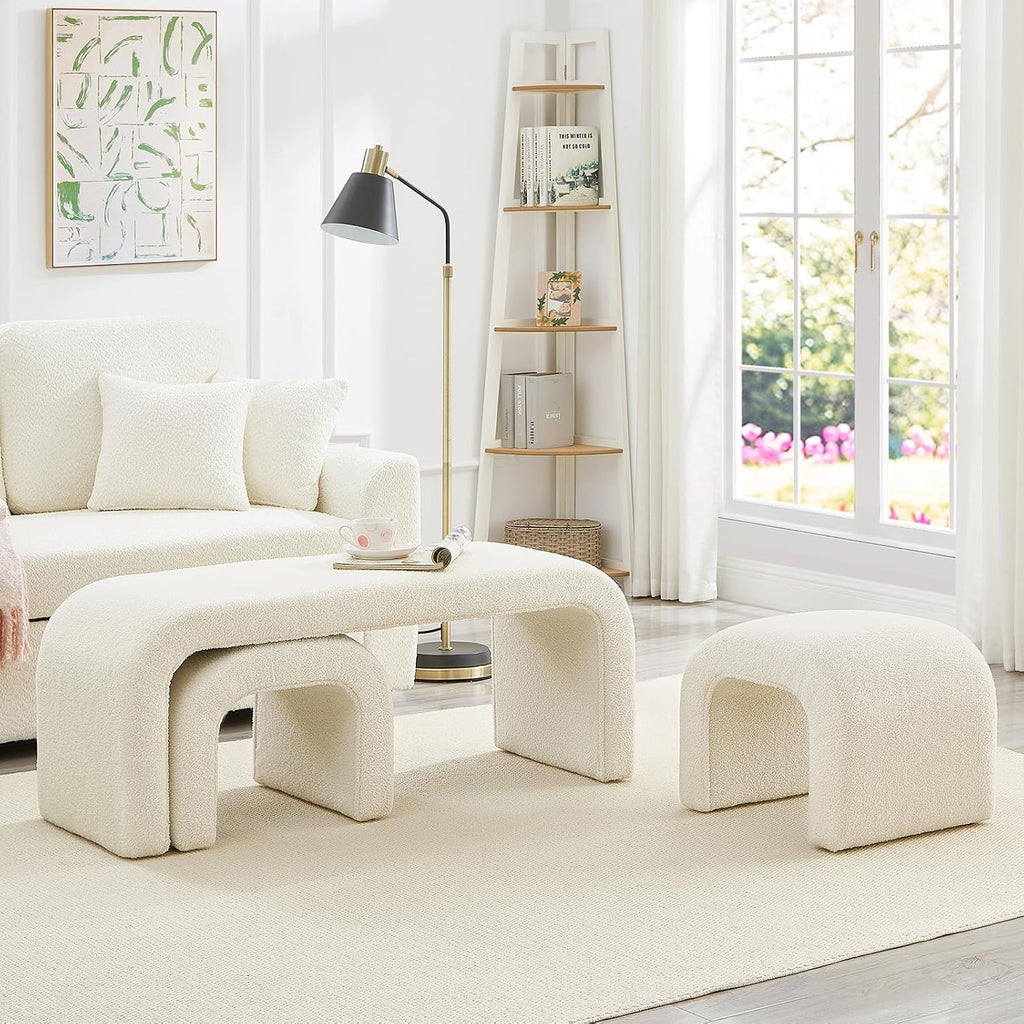 3-Piece Modern Ottoman Bench Set, 44' Wide Teddy Upholstered End of Bed Bench with 2 Foot Stools, Padded U-Shaped Entry Bench Vanity Stool for Living Room Bedroom (Cream)