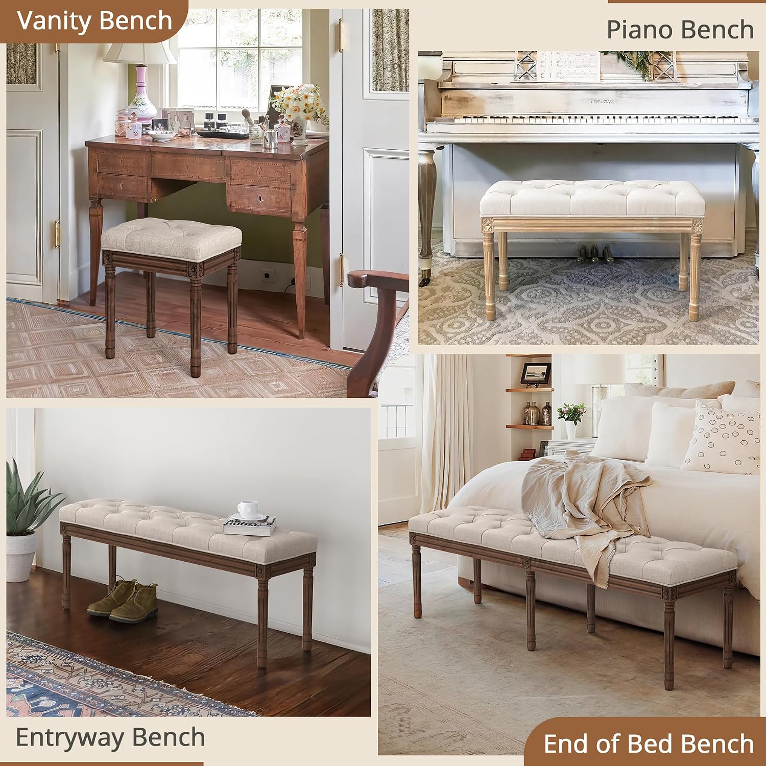 LUE BONA 60' Fabric End of Bed Bench, Upholstered Tufted French Bedroom Bench with Carved Dark Brown Legs for Bedroom End of King Size Bed, Living Room, Linen