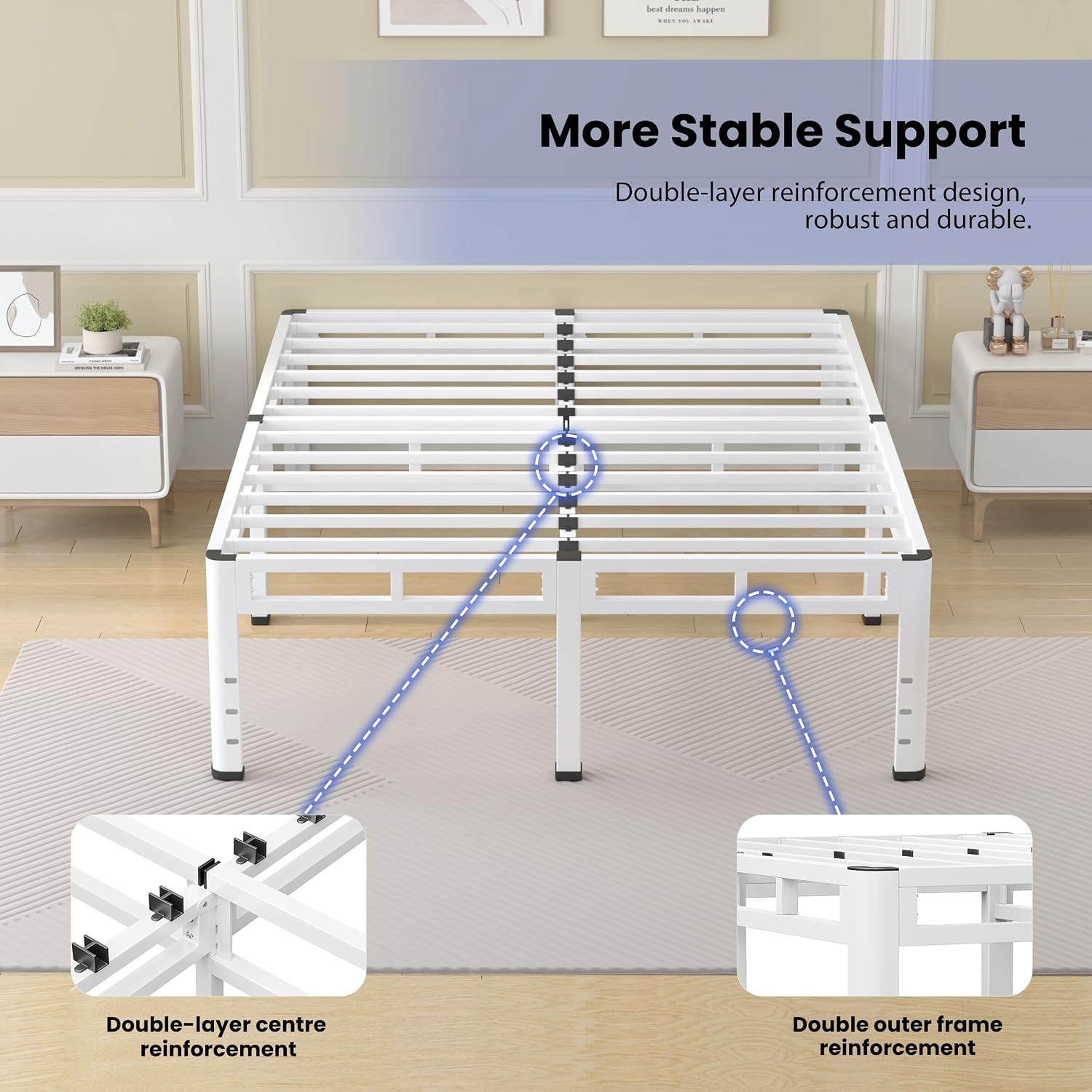 NKZ 22 Inch Queen Size Bed Frame, Metal Bed Frame & Box Spring 2 in 1 Platform with Round Corner Legs, 4000Lbs Heavy Duty Metal Frame, Mattress Slide Stopper, Headboard Hole, Noise-Free, Easy Assembly
