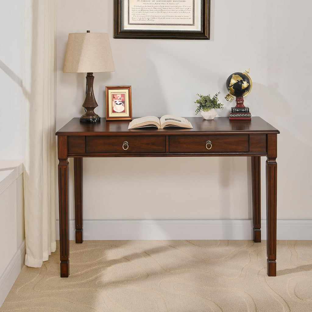 Solid Wood Makeup Vanity Table Set, 46.1' Large Dressing Vanity Table with 2 Drawers and Vanity Bench Stool Writing Desk with Solid Wood Legs & Button Tufted Cushioned Stool, Cherry&Beige