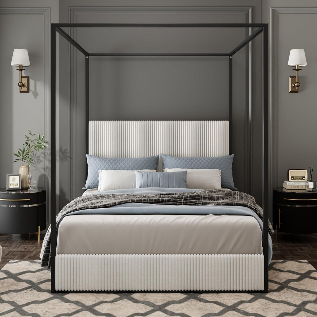 Merax Modern Luxury King Metal Canopy Bed with Tall Upholstered Headboard, Gold Four Poster Bed, No Box Spring Needed, White