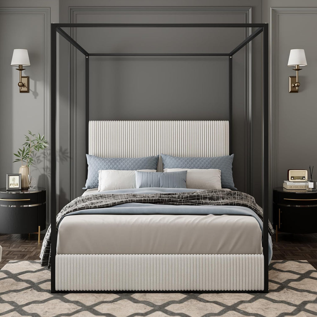 Merax Modern Luxury Queen Metal Canopy Bed with Tall Upholstered Headboard, Gold Four Poster Bed, No Box Spring Needed, White
