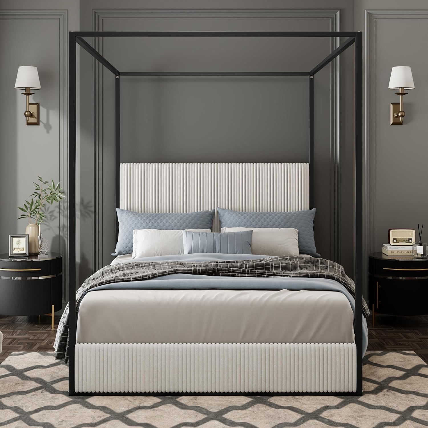 Merax Modern Luxury Queen Metal Canopy Bed with Tall Upholstered Headboard, Gold Four Poster Bed, No Box Spring Needed, White