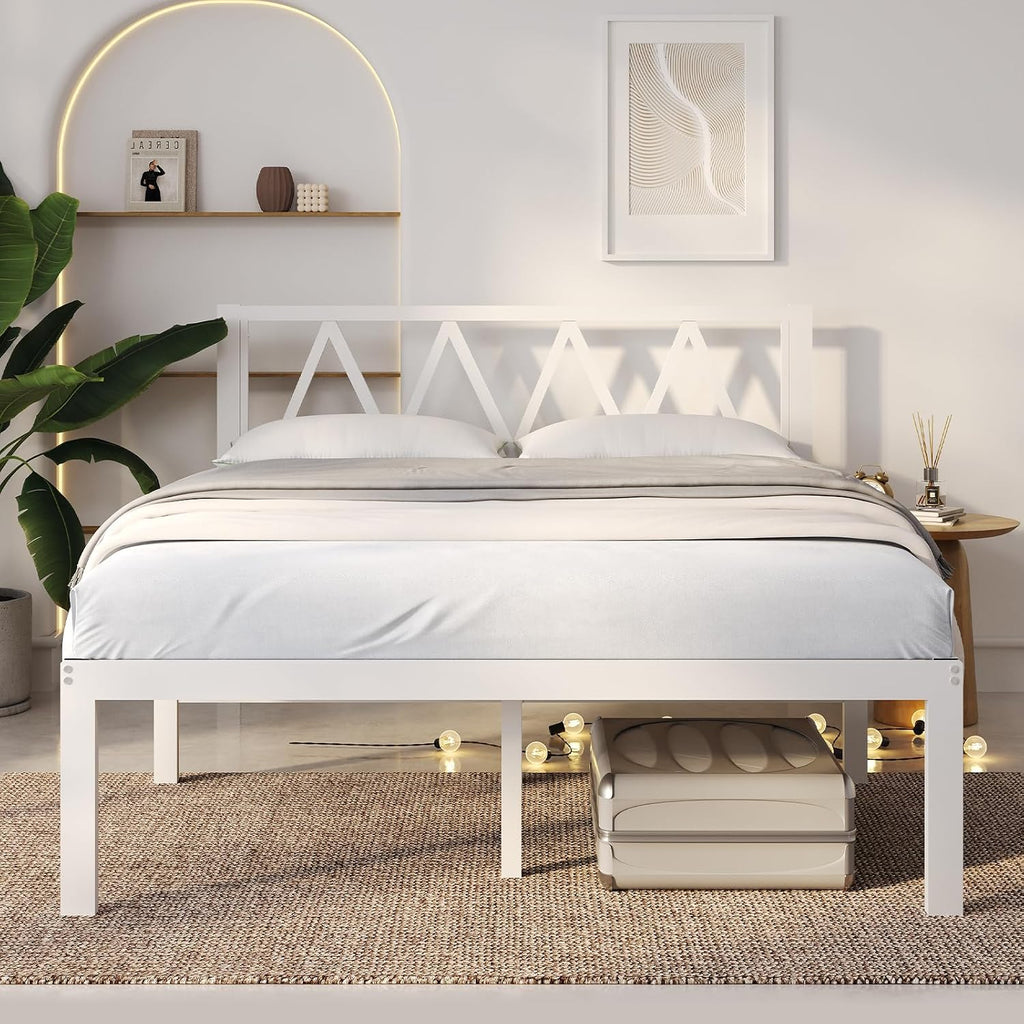 Novilla 18 Inch Queen Bed Frame with Headboard, White Metal Platform Bed Frame, Queen Size Bed Frame No Box Spring Needed, Easy Assembly