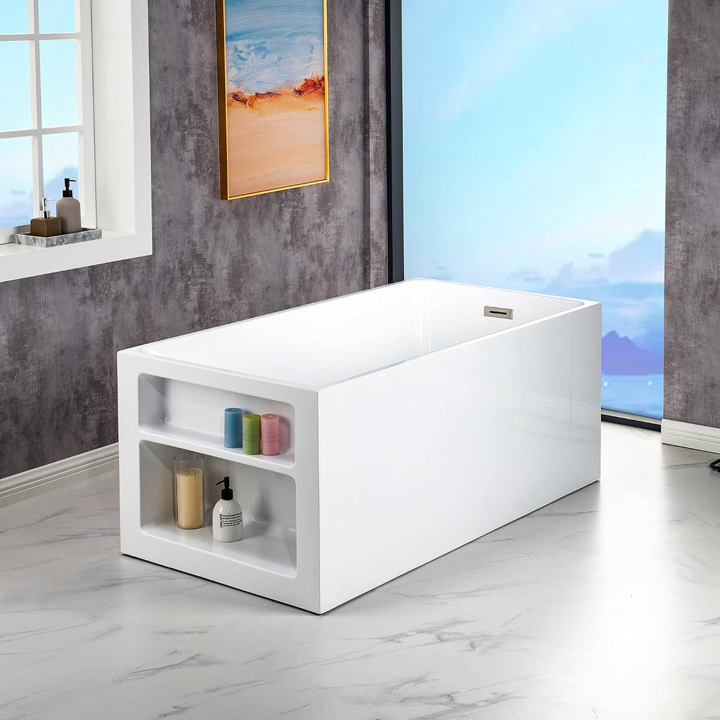 WOODBRIDGE 59' Acrylic Freestanding Bathtub Contemporary Soaking White Tub with Brushed Nickel Overflow and Drain，BTA0081-B/N-Drain&O