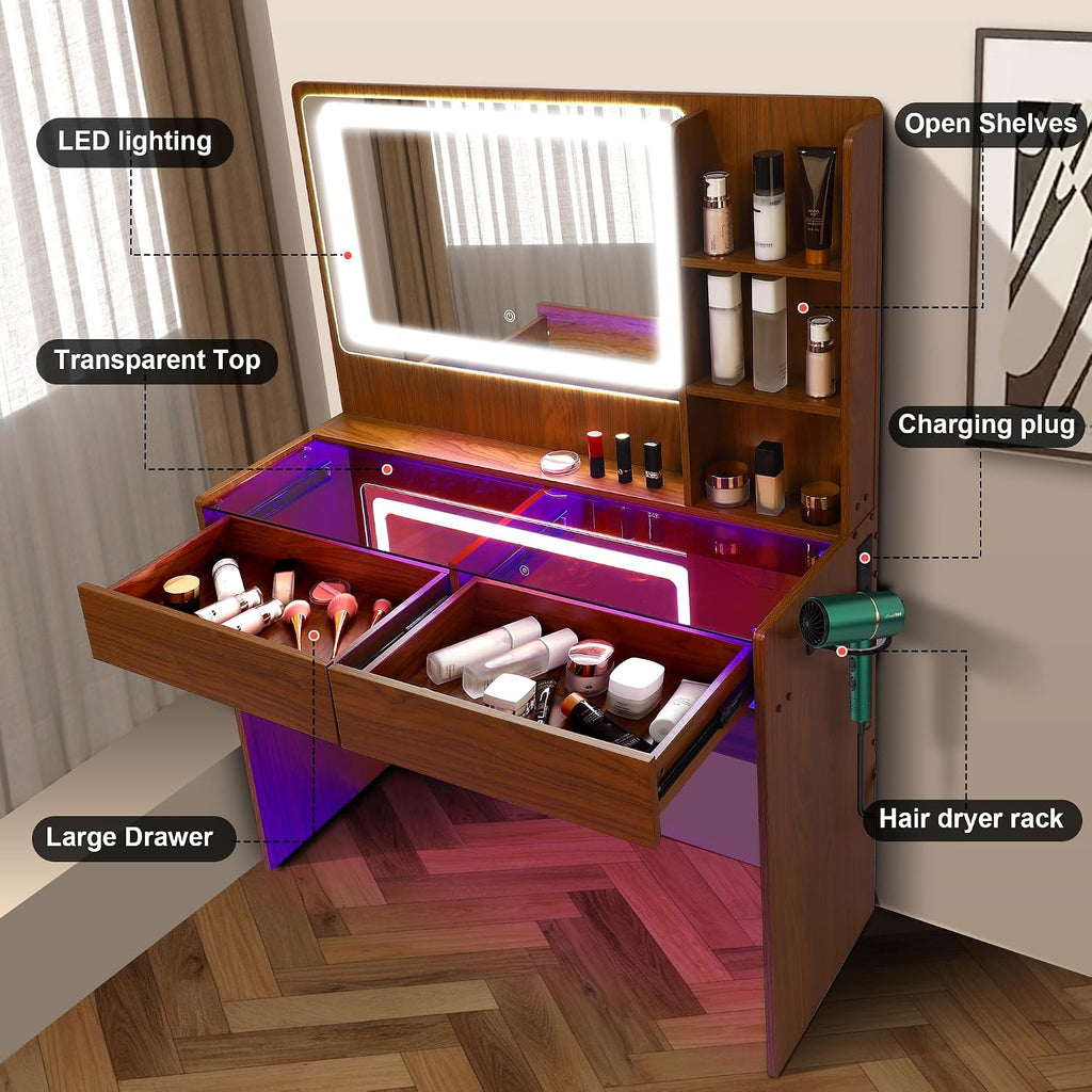Vanity Desk, Makeup Vanity Desk with Mirror and Lights, Transparent Top with LED Multiple Color Lights, Mirror 3 Color Modes 2 Drawers, Power Outlet, Dressing Table for Girls Bedroom, Peach