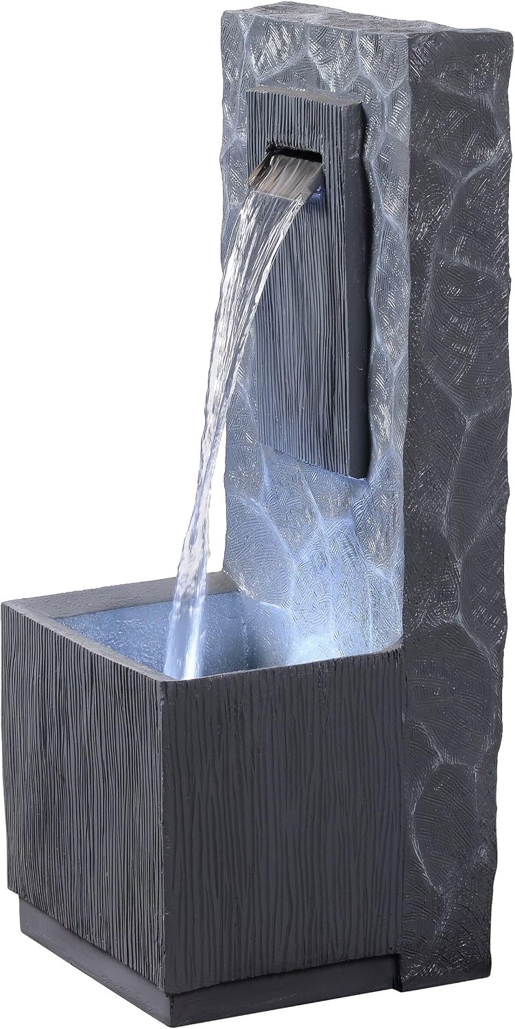 Teamson Home Spa Waterfall Outdoor Water Fountain–Cool Glow Lighting with Adjustable Flow & Electric Pump, Gray