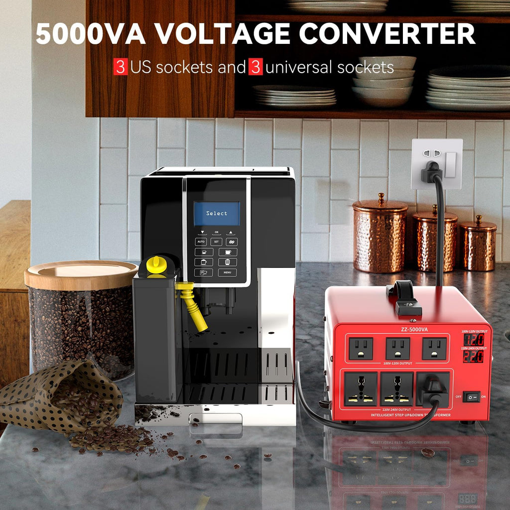 5000W Heavy Duty Voltage Converter Transformer – Step Up 110V to 220V & Step Down 220V to 110V, Auto Input Recognition, 3 US & 3 Universal Outlets, LCD Display, Circuit Breaker for Travel & Home