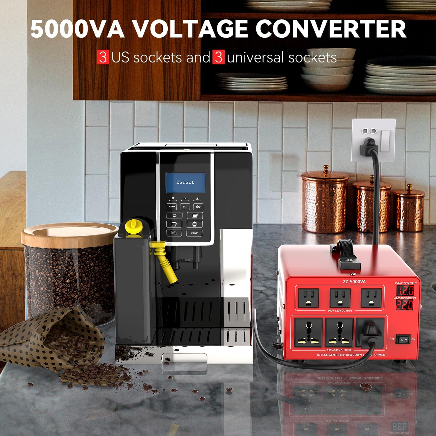 5000W Heavy Duty Voltage Converter Transformer – Step Up 110V to 220V & Step Down 220V to 110V, Auto Input Recognition, 3 US & 3 Universal Outlets, LCD Display, Circuit Breaker for Travel & Home