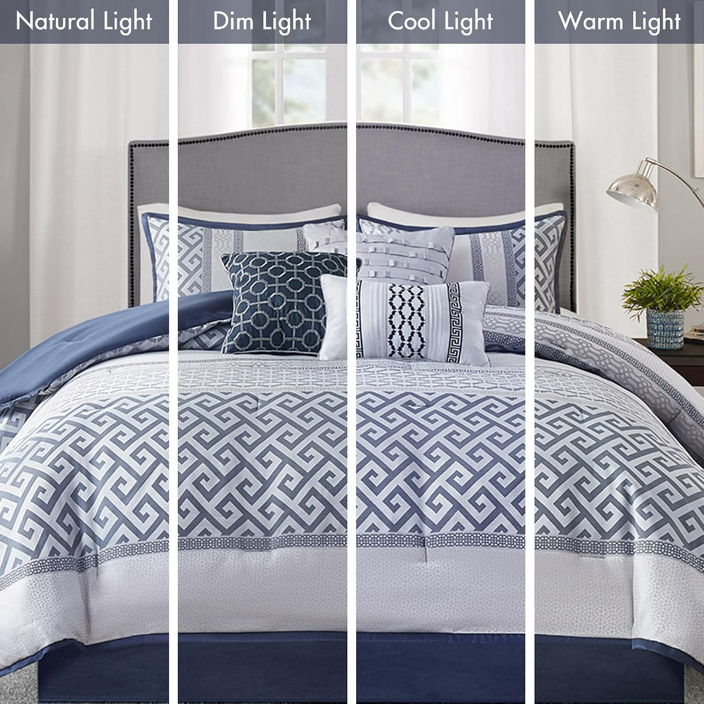 Madison Park Luxury Comforter Set-Traditional Jacquard Design All Season Down Alternative Bedding, Matching Bedskirt, Decorative Pillows, Cal King(104'x92'), Bennett, Geometric Navy 7 Piece