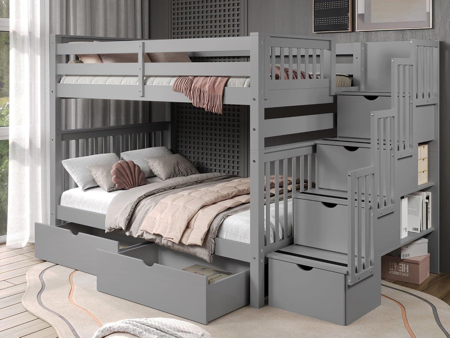 Bedz King Stairway Bunk Beds Full Over Full, 4 Step Drawers, 2 Storage Drawers, Gray