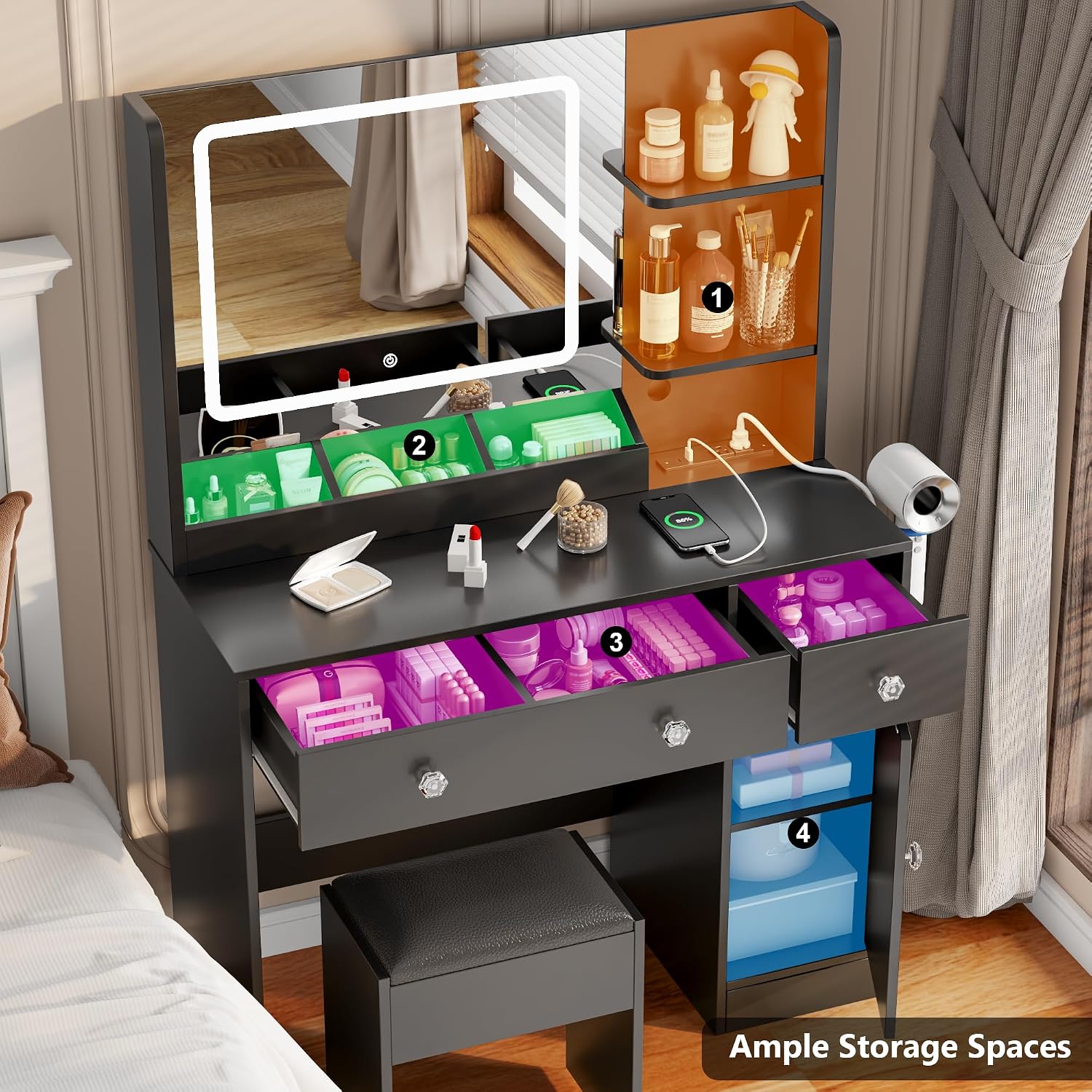 Korfile Makeup Vanity Desk with Mirror and Lights 3 Color, Vanity Set with Power Outlet and Stool, Black Vanity Desk with Cabinet and Drawers,Make Up Dressing Table with Storage Shelves